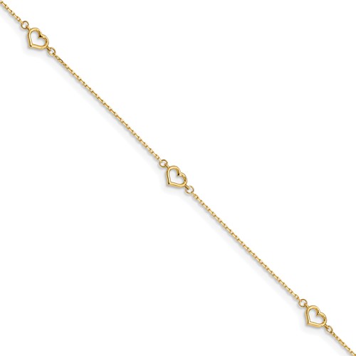 14k Yellow Gold Anklet with Four Open Hearts 10in