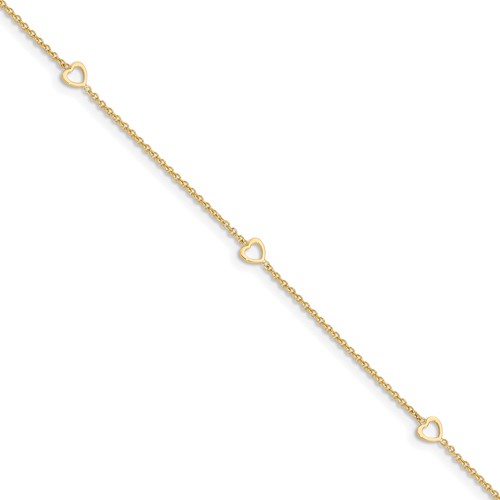14k Yellow Gold Italian Anklet with Four Open Heart Charm Accents 10in