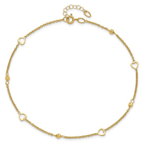 14k Yellow Gold Anklet with Hearts and Beads Accents 10in