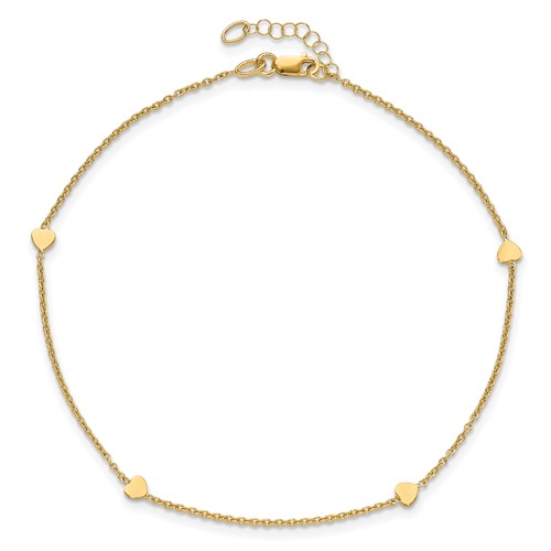 14k Yellow Gold Italian Anklet with Four Solid Heart Charms 10in