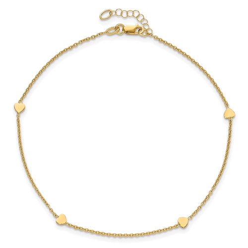 14k Yellow Gold Italian Anklet with Four Solid Heart Charms 10in