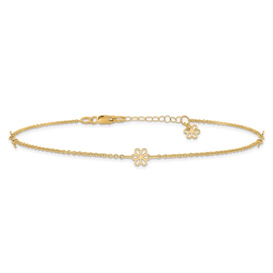 14k Yellow Gold Italian Anklet with Three Flower Accents 10in