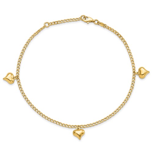 14k Yellow Gold Puffed Heart Cable Link Anklet 9in