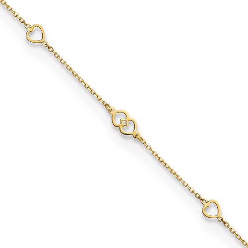 14k Yellow Gold Anklet with Six Single and Joined Hearts 9in