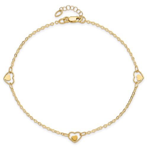14k Yellow Gold Cable Anklet with Inset Hearts
