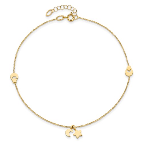 14k Yellow Gold Star and Moon Anklet 9in