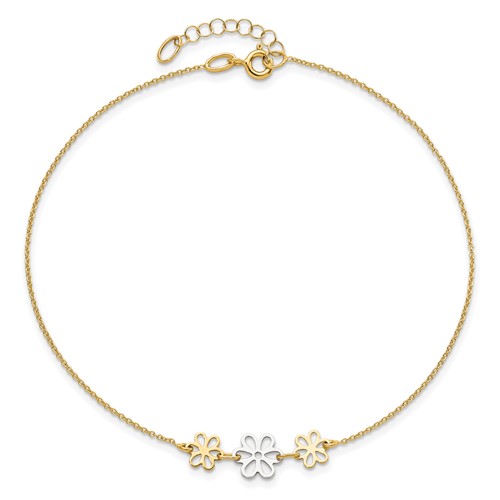 14k Two-tone Gold Three Flowers Anklet