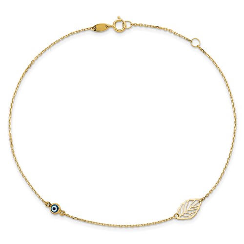 14k Yellow Gold Leaf and Glass Eye Bead Anklet