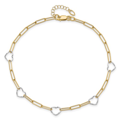 14K Two-tone Gold Paper Clip Link Heart Anklet