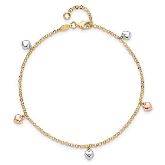 14k Tri-color Gold Hearts Station Anklet