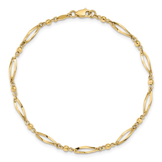 14k Yellow Gold Open Oval Link and Diamond-cut Beads Anklet