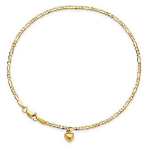 14kt Yellow Gold 9in Figaro Link Anklet with Heart Charm