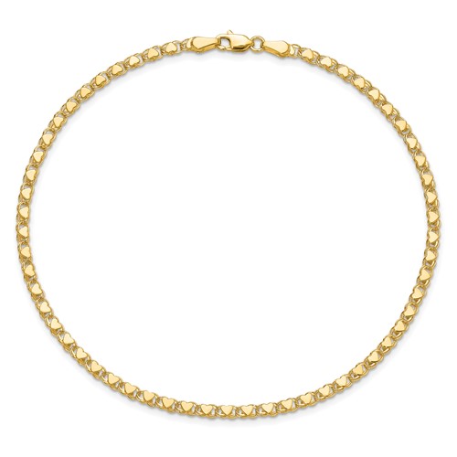 14k Yellow Gold Slender Double-Sided Heart Bracelet With Polished Finish 7in