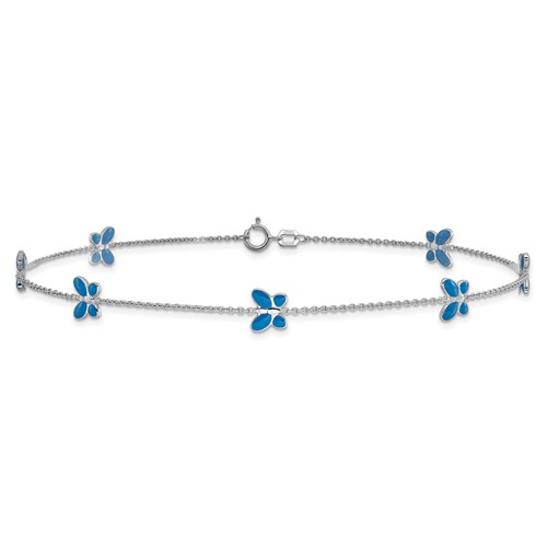 14kt White Gold 10in Blue Enameled Butterfly Anklet