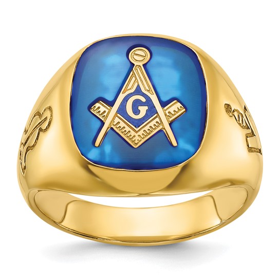 14k Yellow Gold Lab Created Blue Sapphire Masonic Ring