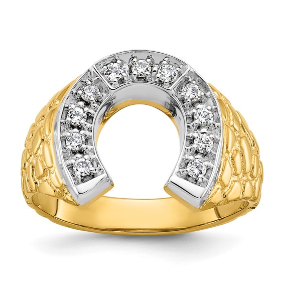 10k Two-tone Gold Men's .22 ct tw Diamond Horseshoe Ring With Pebble Texture