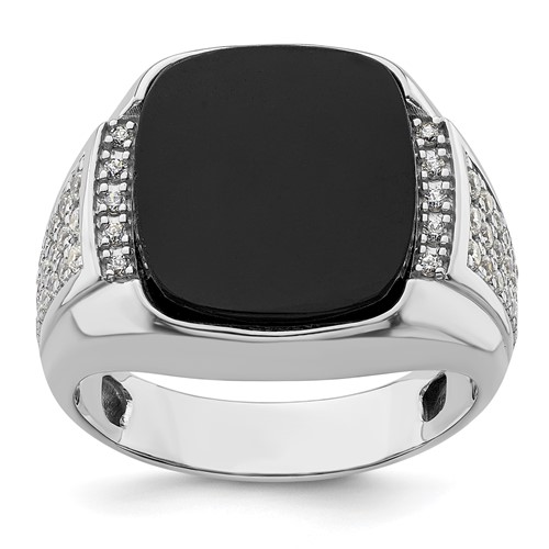 14k White Gold Men's Oblong Onyx and Lab Grown Diamond Ring