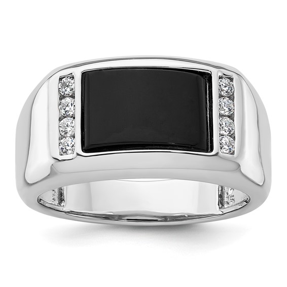 14k White Gold Men's Rectangular Black Onyx and Lab Grown Diamond Ring ...
