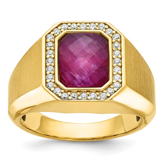 14k Yellow Gold Men's Satin Ruby Doublet Ring with Diamond Accents