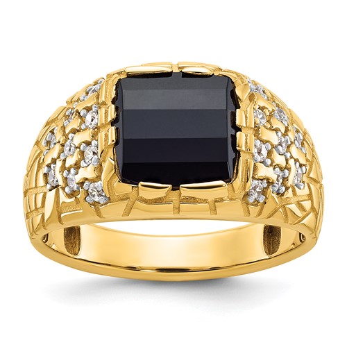 14k Yellow Gold Men's Square Black Onyx and Lab Grown Diamond Nugget Ring