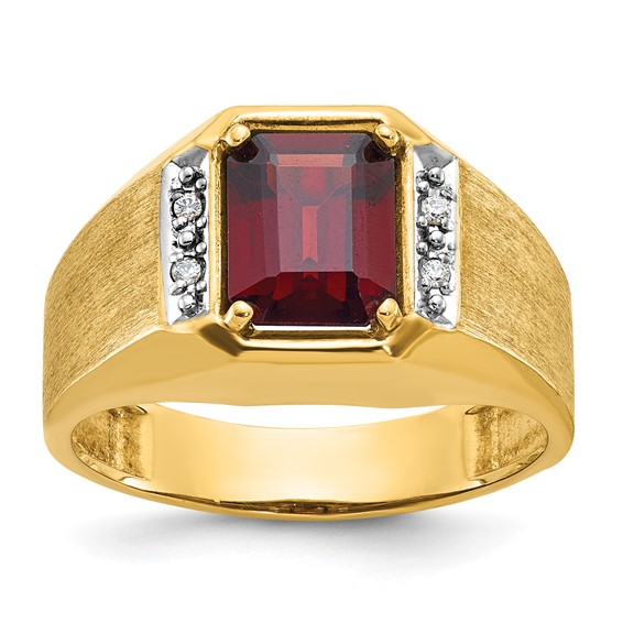 14k Yellow Gold Men's Emerald-cut Created Ruby Ring with Lab Created Diamonds
