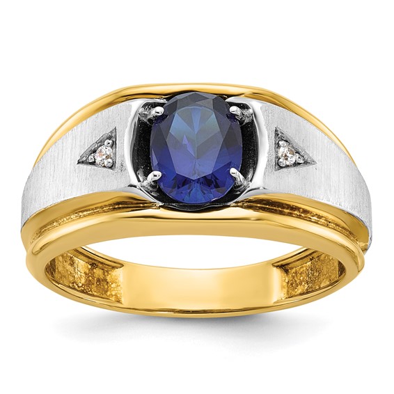 10k Two-tone Gold Men's Oval Created Sapphire and Diamond Ring With Satin Finish