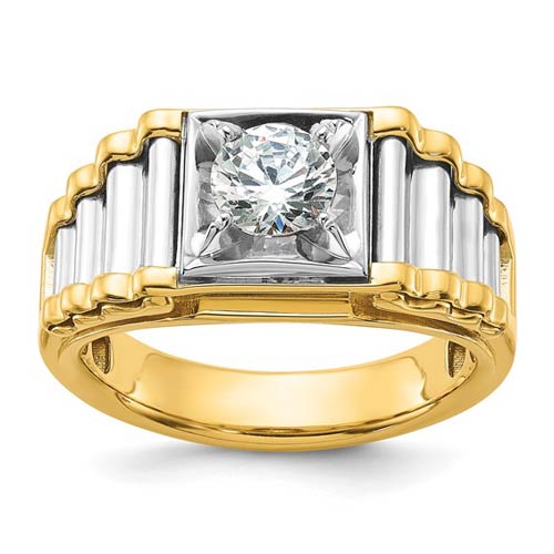 14k Two-tone Gold Men's 1 ct tw Lab Grown Diamond Solitaire Ring with Ribbed Texture
