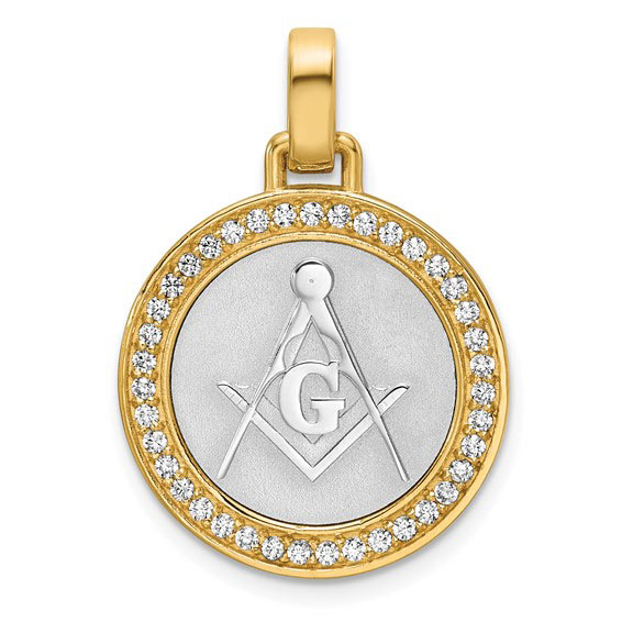 14K Two-tone Gold Lab Grown Diamond Round Masonic Pendant