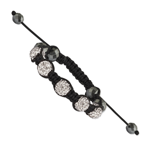 10mm Hematite Beads and 5 White Crystal Beads Black Cord Bracelet