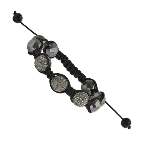 12mm Hematite Beads and 3 Silver Crystal Beads Black Cord Bracelet