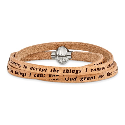 Stainless Steel Men's Serenity Prayer Tan Leather Wrap Bracelet