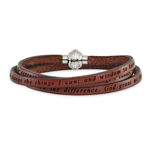 Stainless Steel Ladies' Serenity Prayer Brown Leather Wrap Bracelet