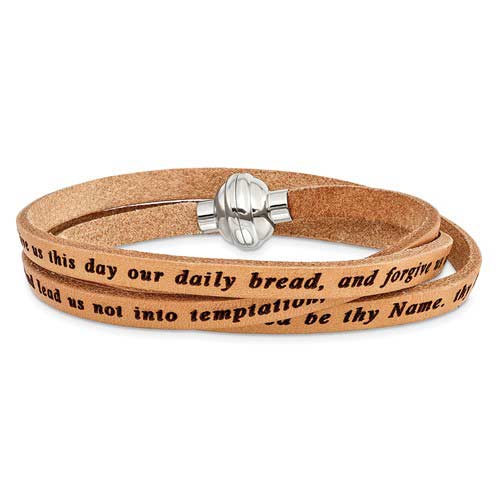 Stainless Steel Ladies' Lord's Prayer Tan Leather Wrap Bracelet