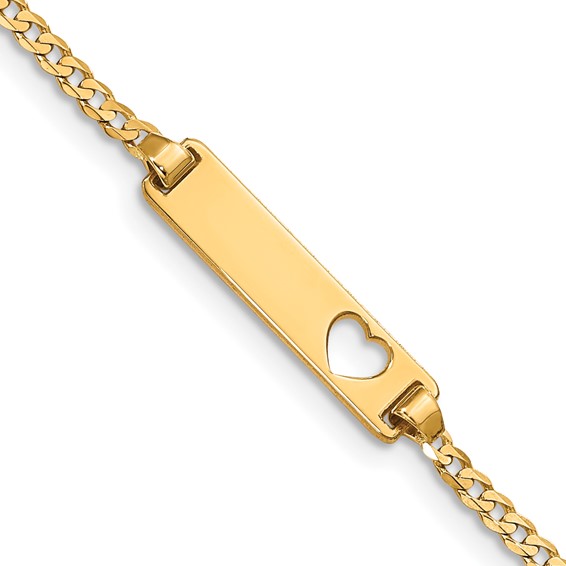 14kt Yellow Gold 6in Curb Link Child's ID Cut-out Heart Bracelet