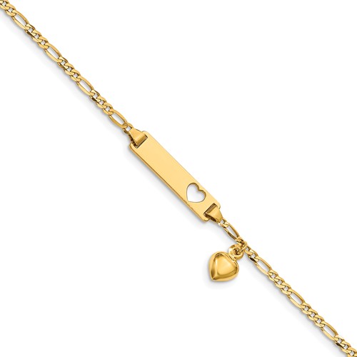 14kt Yellow Gold 6in Figaro Link Child ID Bracelet with Dangling Heart