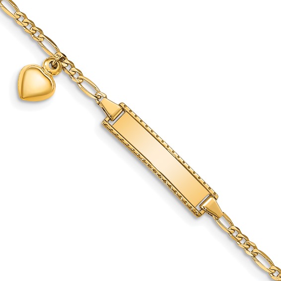 14kt Yellow Gold 6in Figaro Link ID Bracelet with Dangling Heart Charm