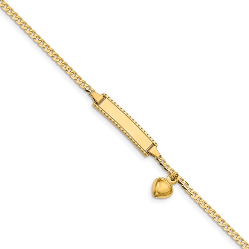 14k Yellow Gold Kids' Curb Link ID Bracelet Dangling Heart Charm 6in