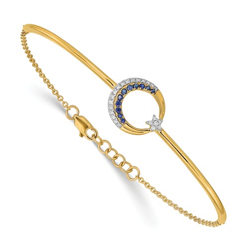 14k Yellow Gold Moon and Star Sapphire Bangle Bracelet with Diamonds