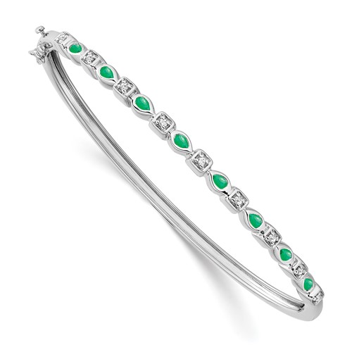 14k White Gold Pear Shaped Emerald and Diamond Bangle Bracelet