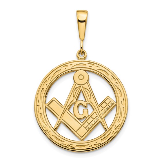 14kt Yellow Gold 1in Round Masonic G Compass and Square Pendant