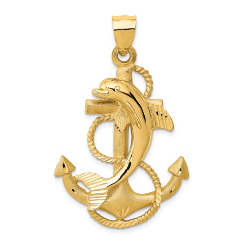 14k Yellow Gold Dolphin and Anchor Pendant 1 1/2in