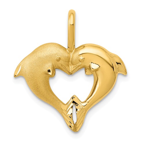 14k Yellow Gold Two Dolphins Heart Pendant 3/4in