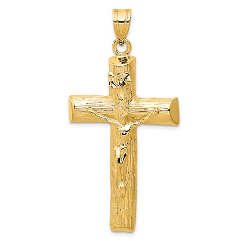 14k Yellow Gold INRI Block Crucifix Pendant Woodgrain Texture 1.75in