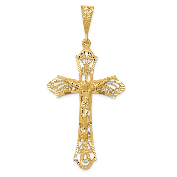 14k Yellow Gold 2in Fancy Diamond-Cut Crucifix Pendant