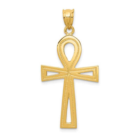 14k Yellow Gold 1 1/8in Ankh Cross Pendant with Cut-out Design C174