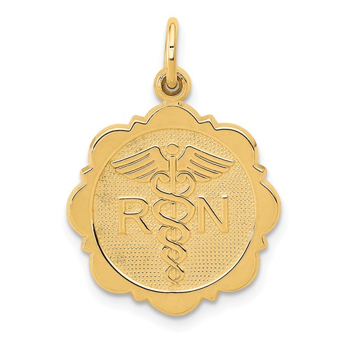 14k Yellow Gold Registered Nurse Charm with Scalloped Edges 5/8in