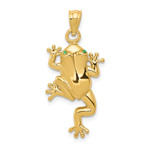 14k Yellow Gold Frog Pendant With Green Enameled Eyes