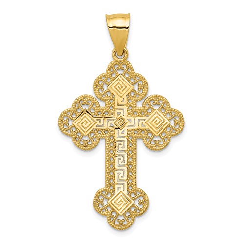 14kt Yellow Gold 1 1/4in Budded Greek Key Cross