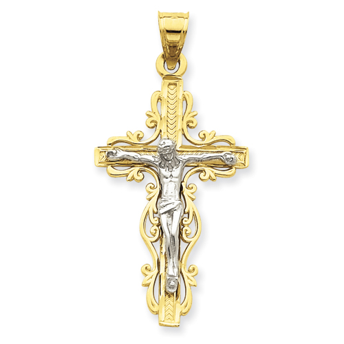 14k Two-tone Gold Crucifix Pendant with Scroll Edges 1.25in