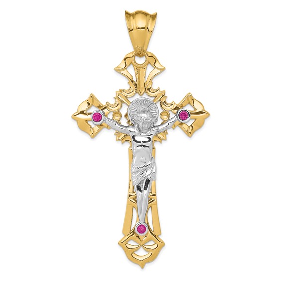 14kt Two-tone 3in Polished with Red CZs Crucifix Pendant